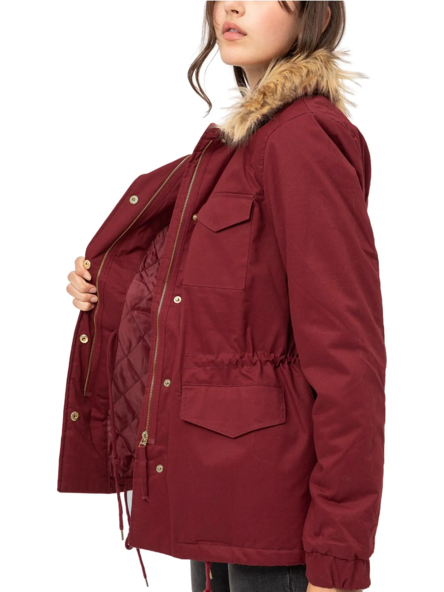 Womens Fully Lined Zip Up Anorak Jacket Detachable Faux Fur Trim