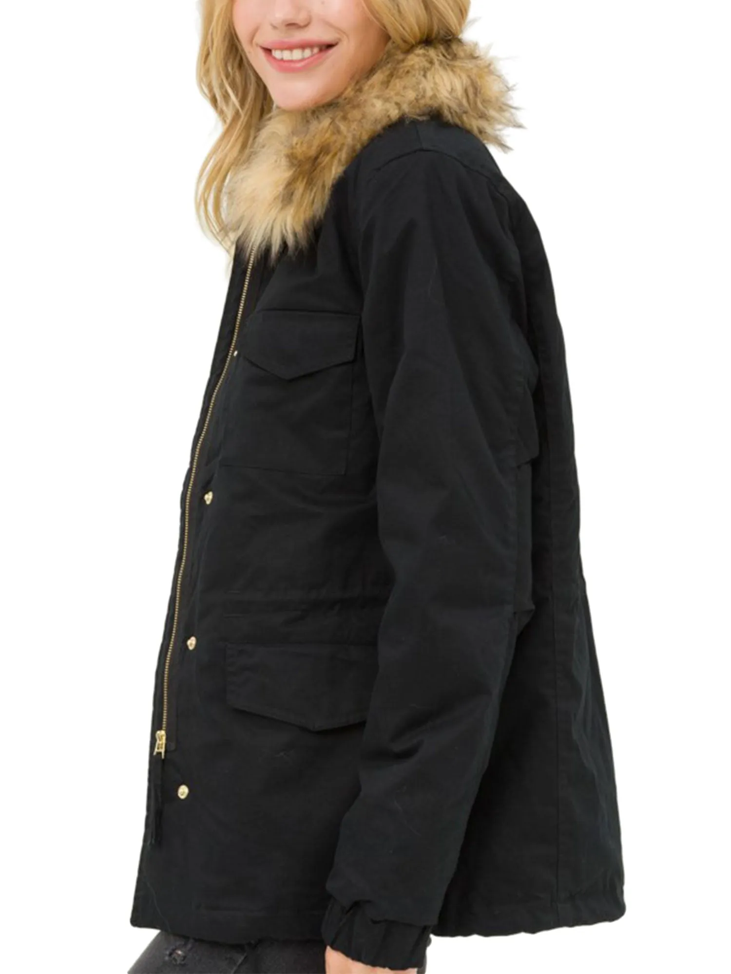 Womens Fully Lined Zip Up Anorak Jacket Detachable Faux Fur Trim