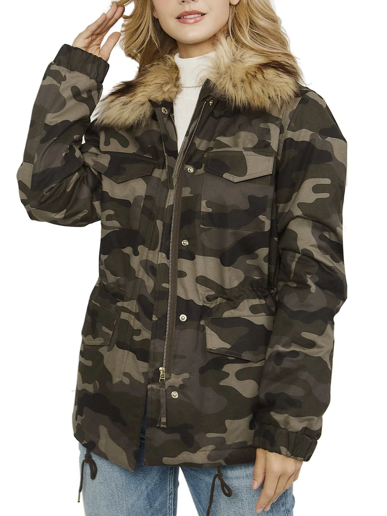 Womens Fully Lined Zip Up Anorak Jacket Detachable Faux Fur Trim