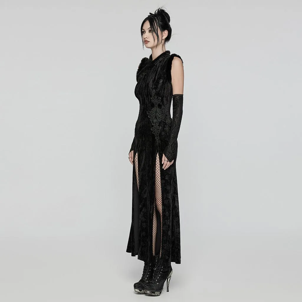 Women's Gothic Split Embossed Velvet Prom Dress with Oversleeves