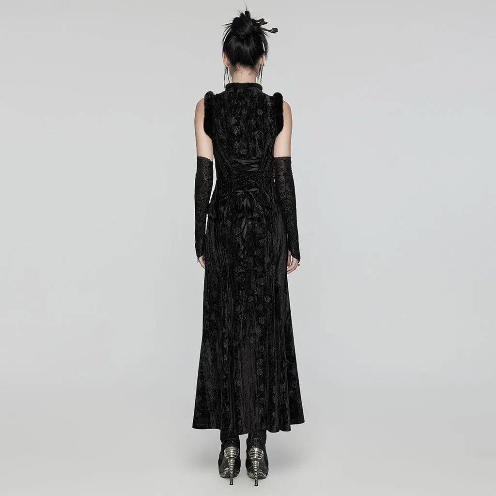 Women's Gothic Split Embossed Velvet Prom Dress with Oversleeves