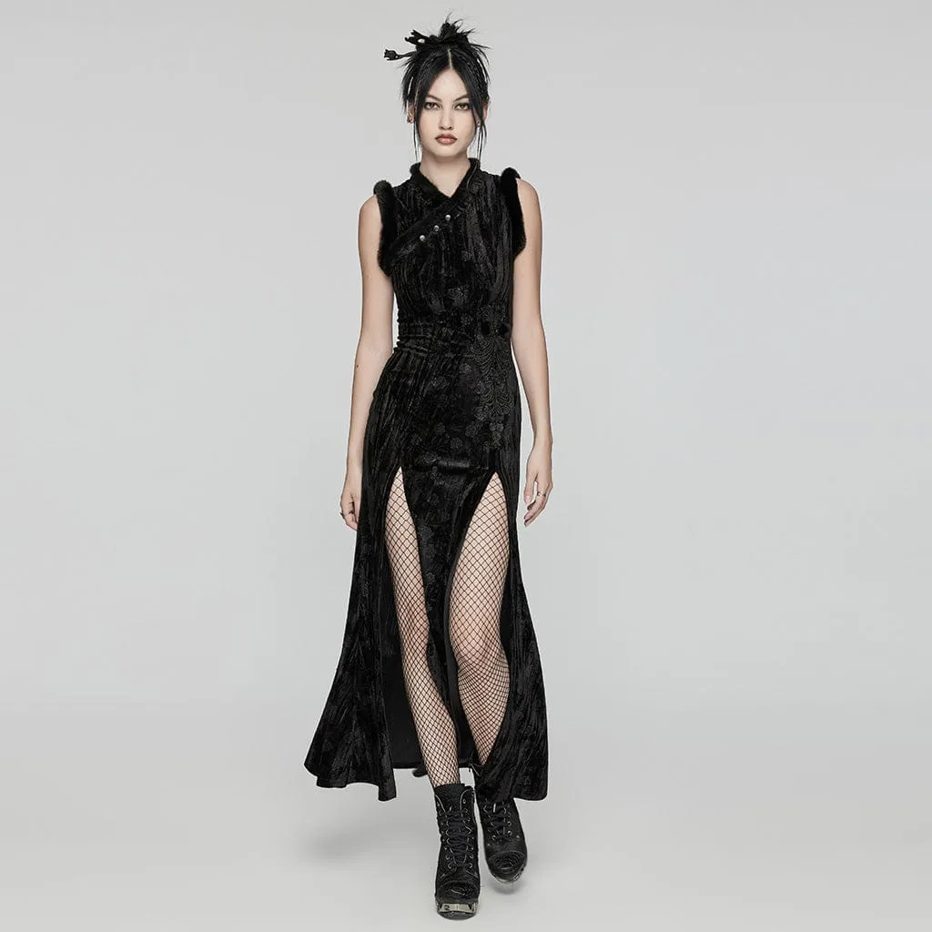 Women's Gothic Split Embossed Velvet Prom Dress with Oversleeves