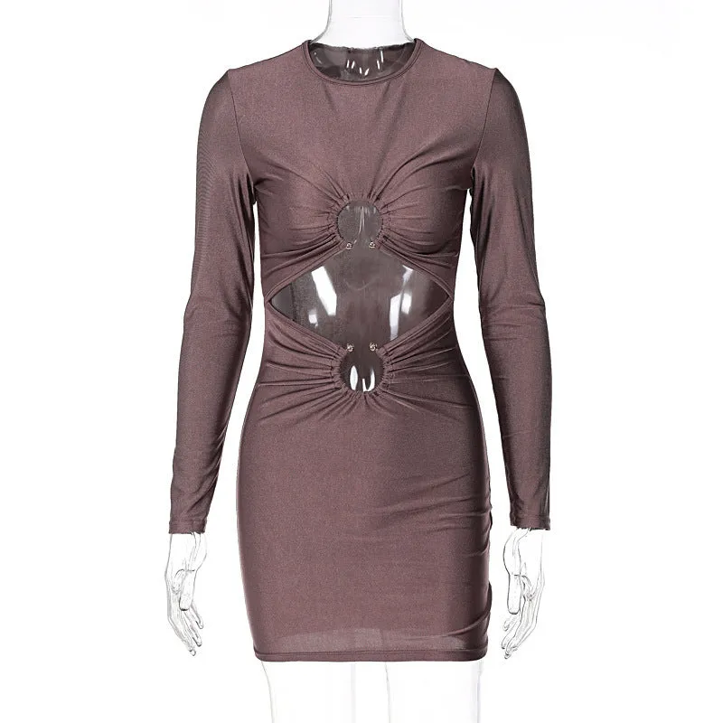 Women's Skirt Slim Fit Midriff Outfit Metal Buckle Long Sleeve Short Dress