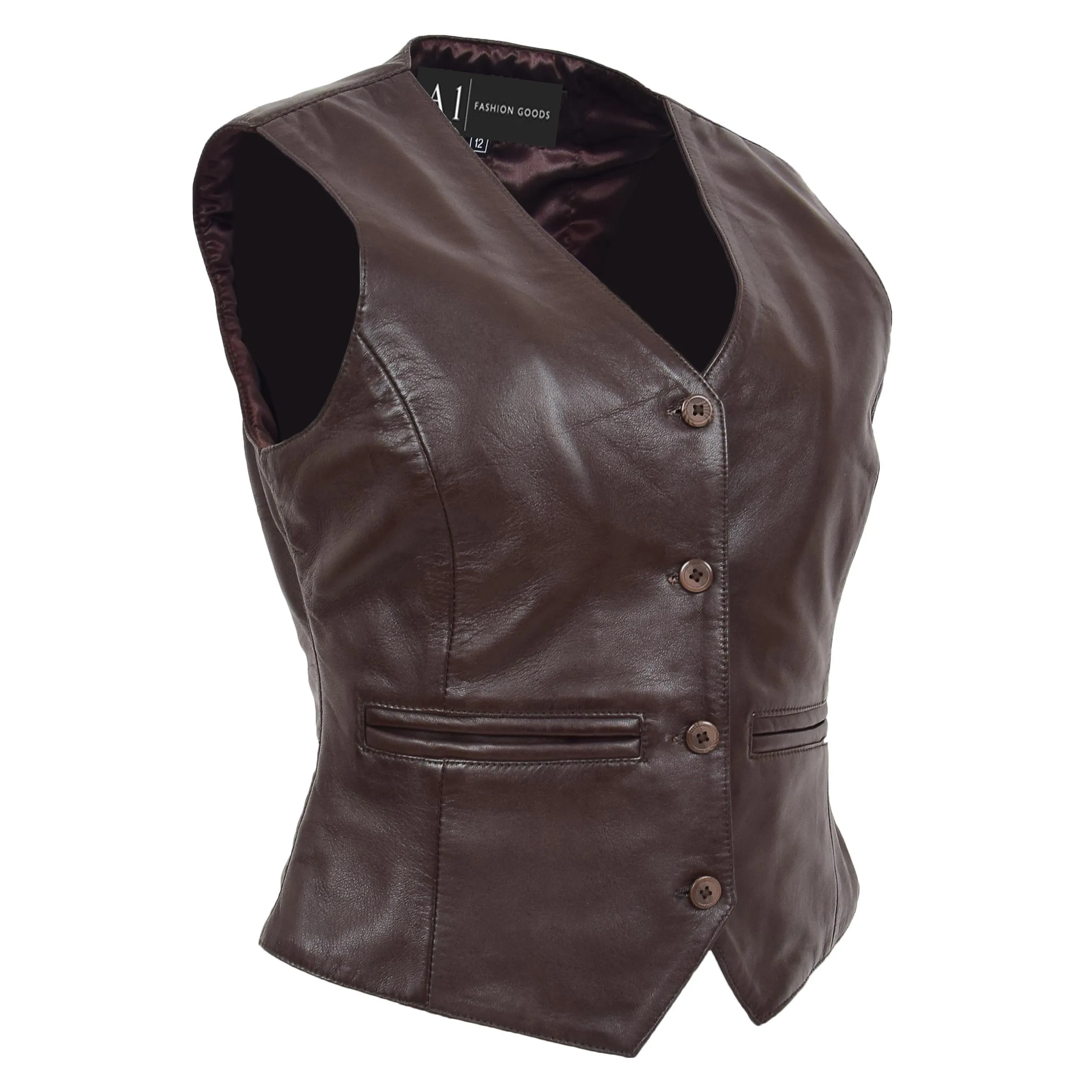 Womens Soft Leather Waistcoat Slim Fit Vest Classic Gilet Katy Brown