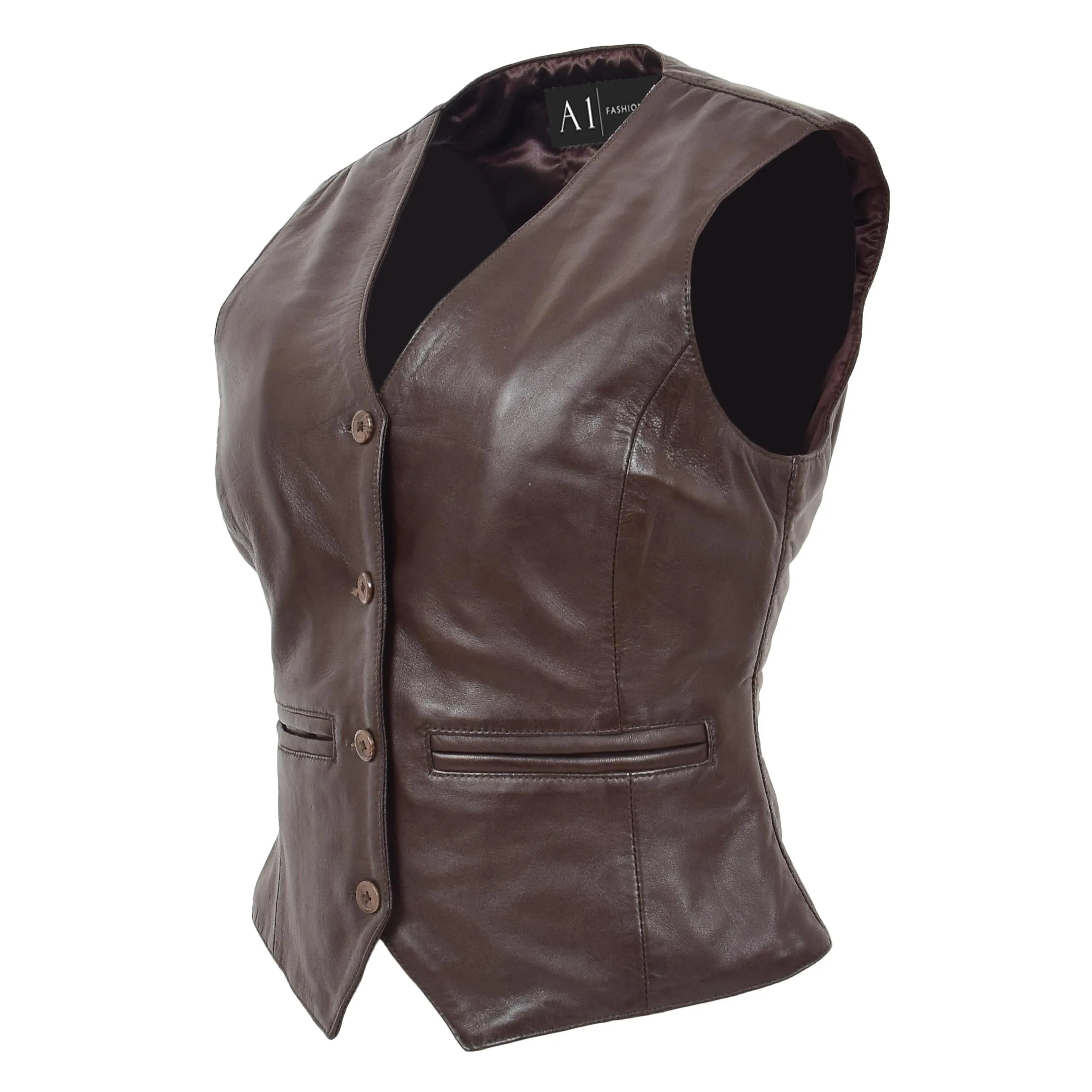 Womens Soft Leather Waistcoat Slim Fit Vest Classic Gilet Katy Brown