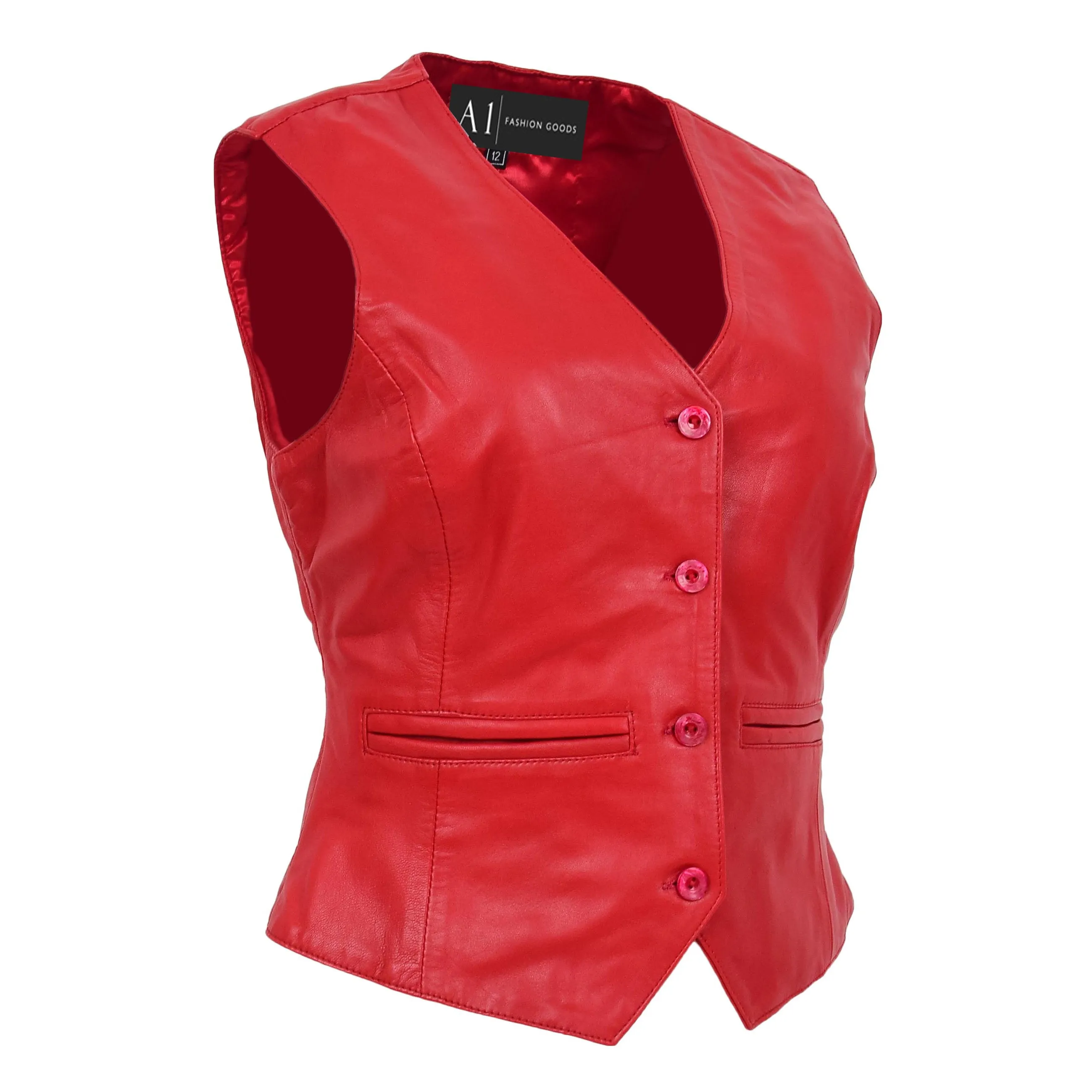 Womens Soft Leather Waistcoat Slim Fit Vest Classic Gilet Katy Red