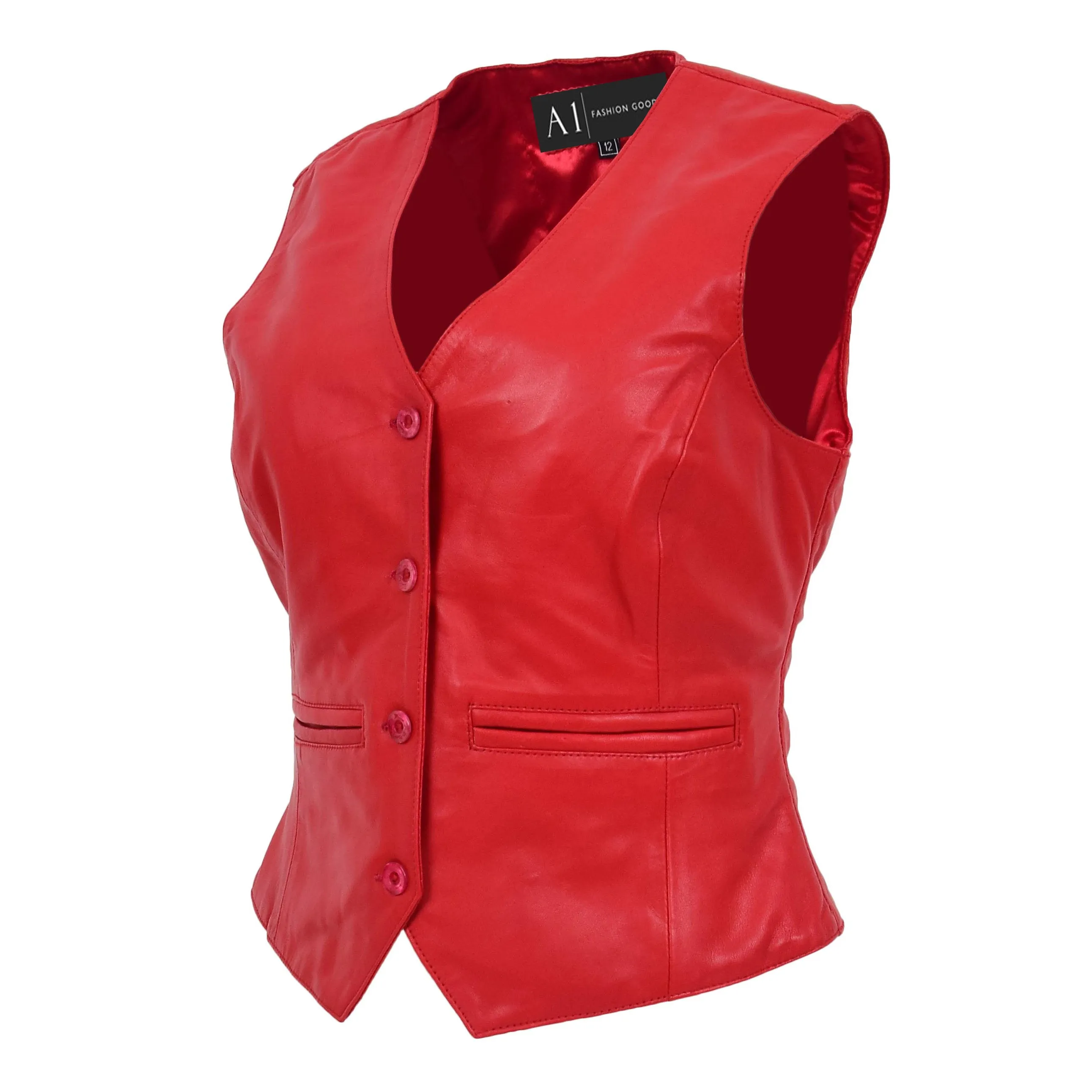 Womens Soft Leather Waistcoat Slim Fit Vest Classic Gilet Katy Red