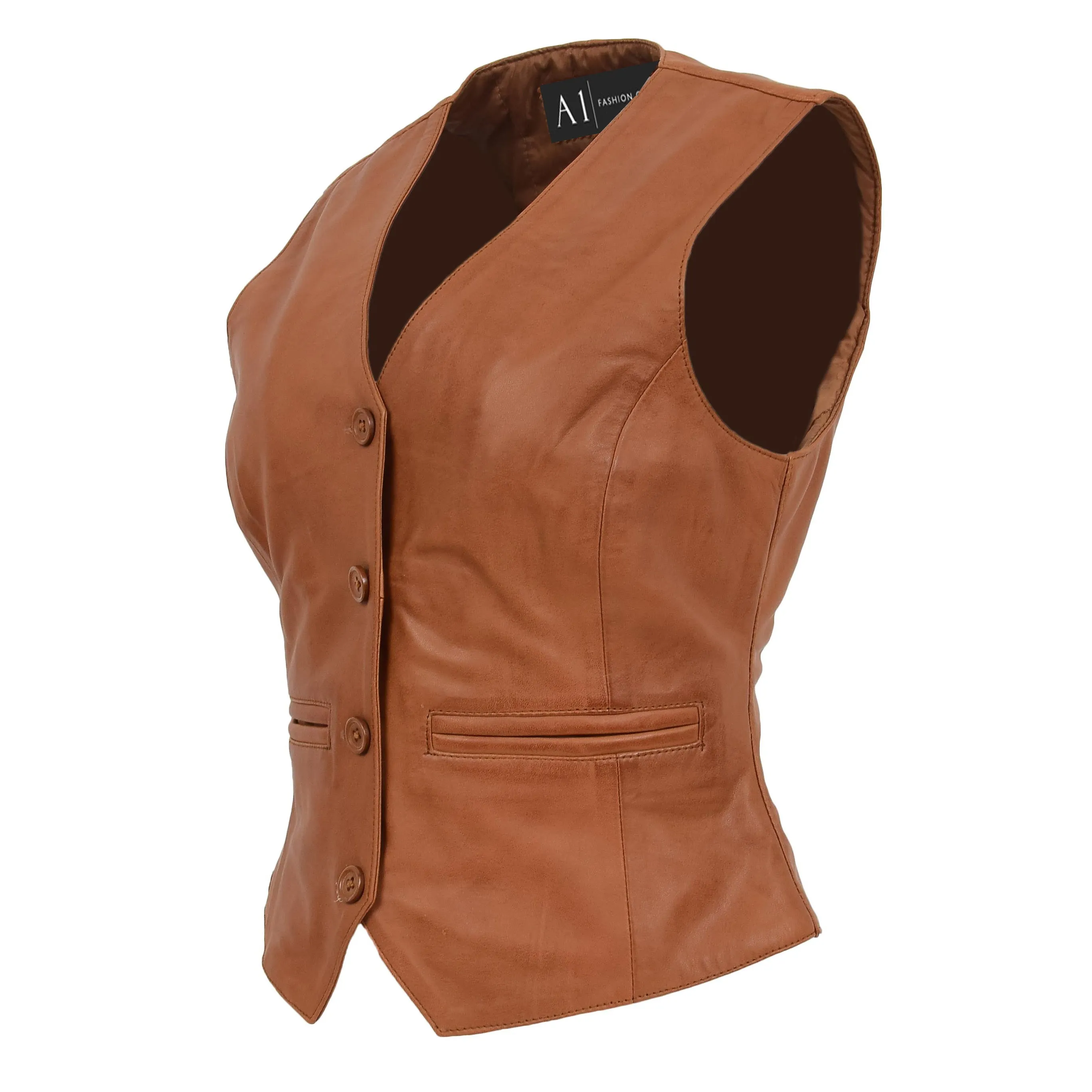 Womens Soft Leather Waistcoat Slim Fit Vest Classic Gilet Katy Tan