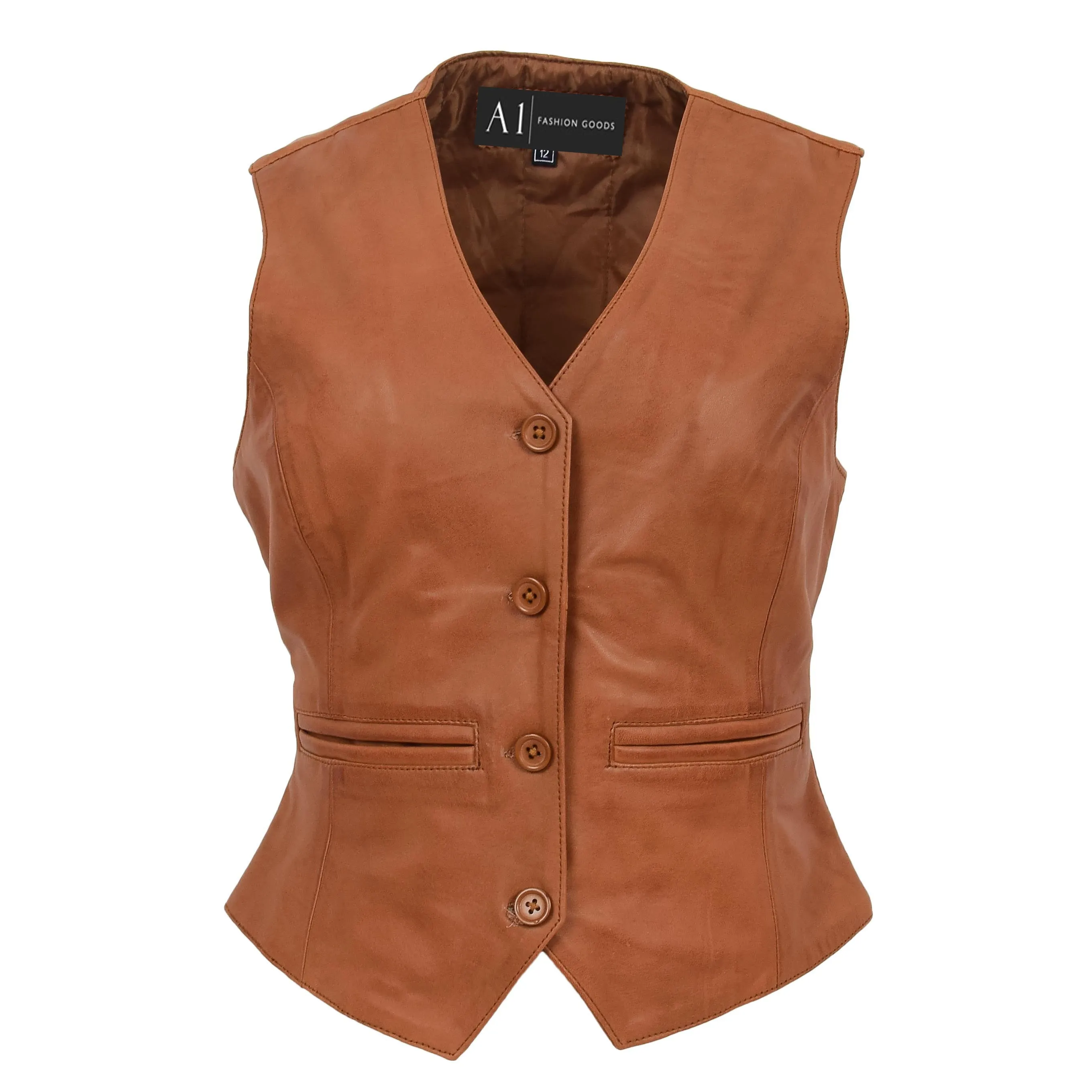 Womens Soft Leather Waistcoat Slim Fit Vest Classic Gilet Katy Tan