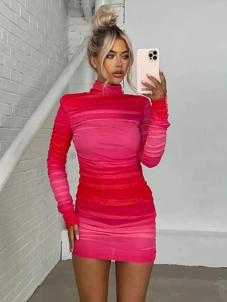 Women's Two Layer Mesh Bodycon Long Sleeve Turtleneck Ruched Mini Dress