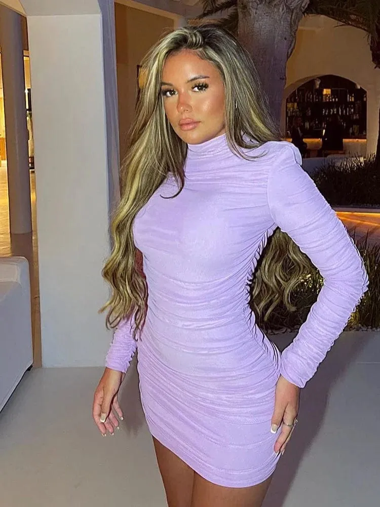 Women's Two Layer Mesh Bodycon Long Sleeve Turtleneck Ruched Mini Dress