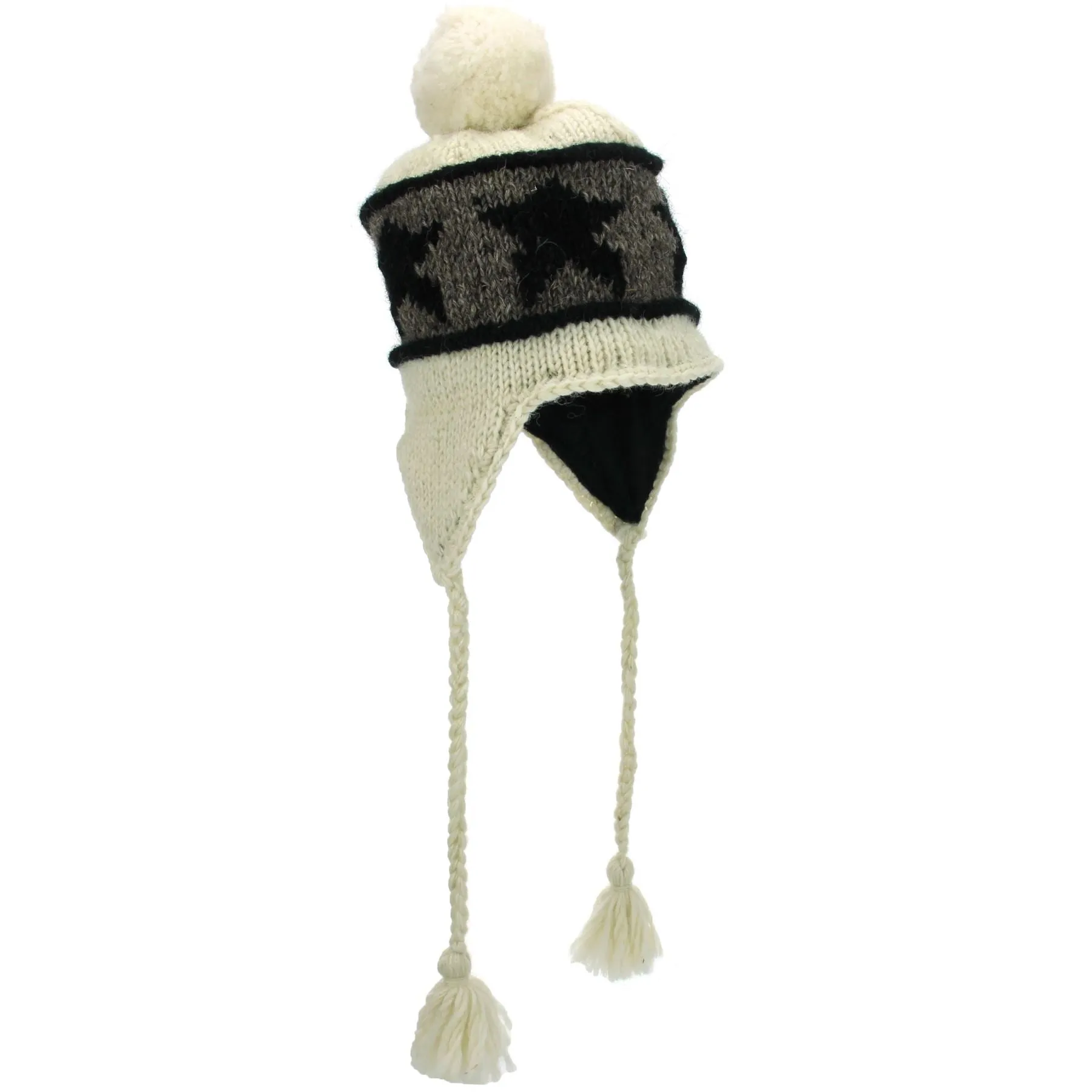 Wool Knit Earflap Bobble Hat - Star Cream