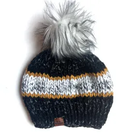 Youth Stripe Knit Pom Hat | Black   Mustard Yellow